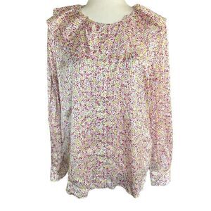 New J Crew Women Metallic Pink Floral Ruffle Neck Long Sleeve Peasant Top M